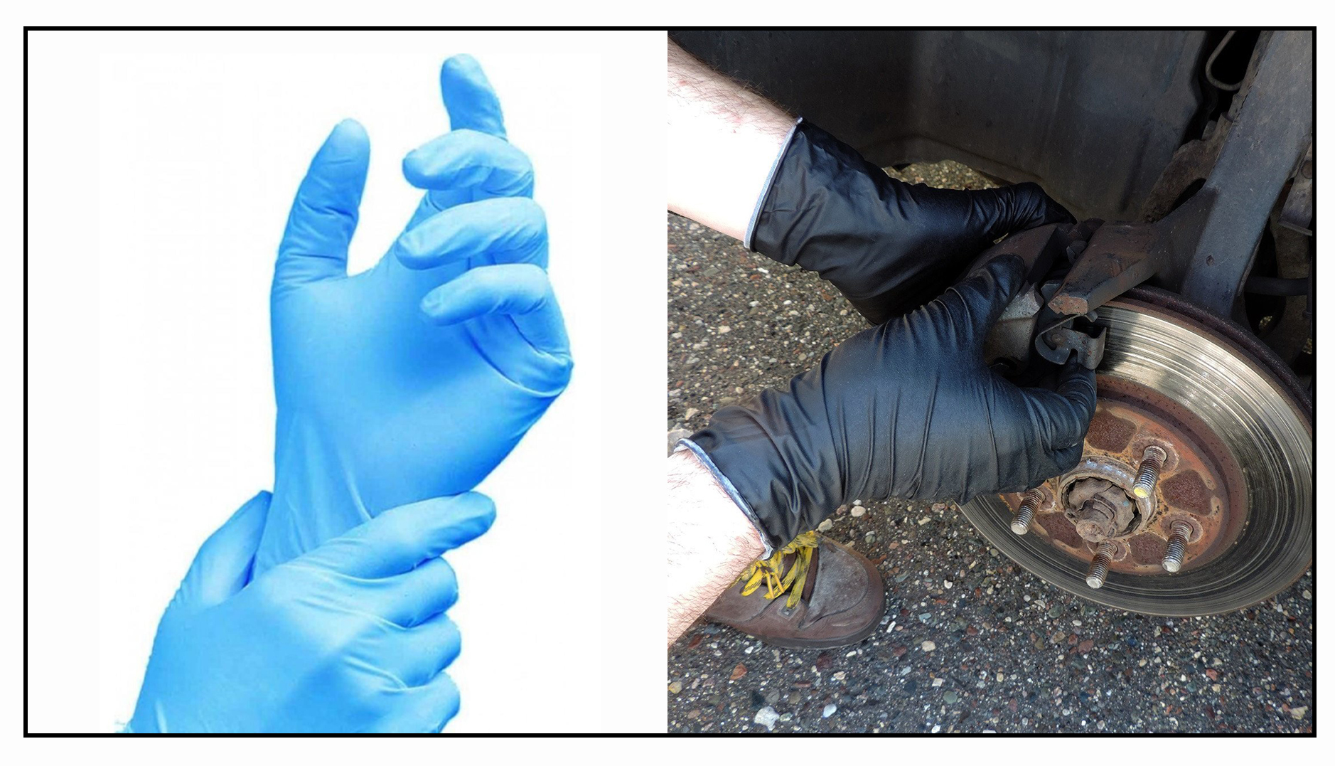 Two People Wearing Two Kinds of Disposable Nitrile Gloves- Blue and Black